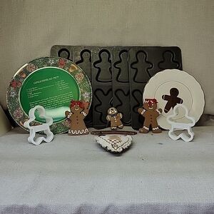 Vtg. Gingerbread baker's bundle: Cookie pans,‎ cookie cutters, figures, 2 plates